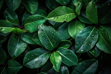 Fototapeta premium Close-up of vibrant green leaves covered in fresh raindrops, creating a serene and refreshing natural background perfect for various uses.