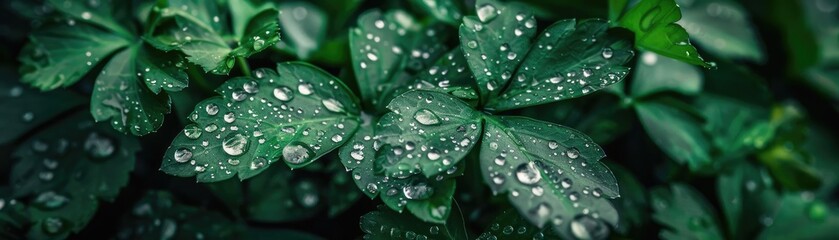 Close-up view of lush green leaves covered in water droplets, capturing nature's beauty and freshness in fine detail.