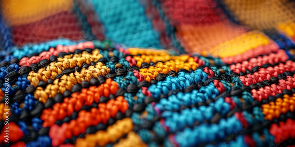 Poster a close up of a colorful knitted blanket with yellow and red stripe on it