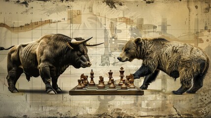 A bull and a bear playing chess on a giant stock chart, representing strategic investment decisions