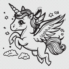 Cute little flying unicorn, black vector illustration on transparent background