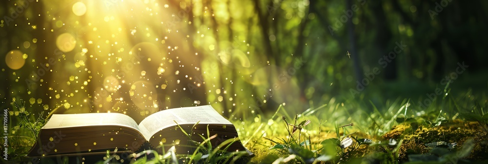 Poster book is opened in the grass with dew falling on it and a forest in the background