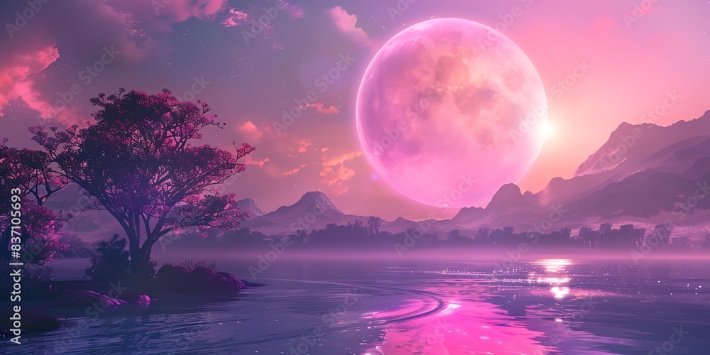 Poster pink moon is shining over a lake and a tree in the foreground with a mountain in the background