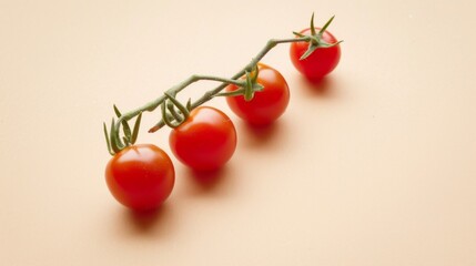 a sprig of cherry tomato lies on a beige background --no text, titles, --ar 16:9 --quality 0.5 --stylize 0 Job ID: 66b93915-56ac-4ec8-acd1-c8c2ff801d29