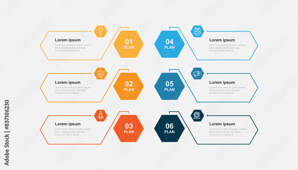 Poster business template infographic with 6 step or process suitable for workflow, business information, an