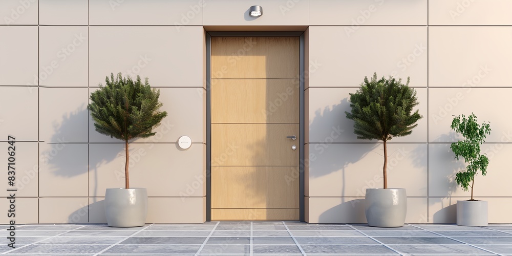 Poster a door and two trees in front of a building with a tiled floor and walls, with a door and two plante