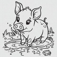 Cute simple muddy pig design, black vector illustration on transparent background