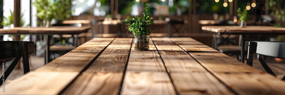 Poster a wooden table with a vase of flowers on it in a restaurant setting with chairs and tables in the ba