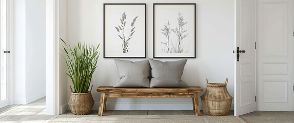 A Rustic Wooden Bench with White Pillows Against the Wall, Framed Art Prints Hanging Above, Creating an Elegant and Cozy Entryway Decor  Sketches in  Frames Adding Depth, 
