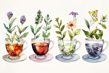 a painting of cups of tea with flowers in them