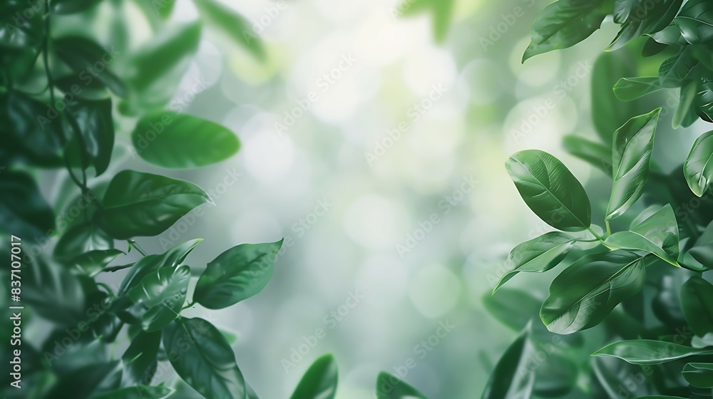 Aufkleber green leaves with white frame on blurred background. copy space for text