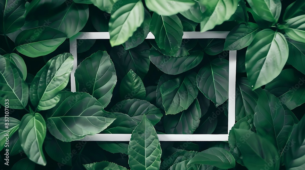 Aufkleber green leaves with white frame on blurred background. copy space for text