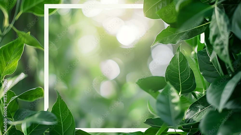 Aufkleber green leaves with white frame on blurred background. copy space for text