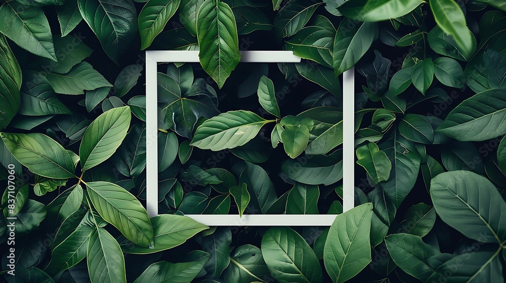 Aufkleber green leaves with white frame on blurred background. copy space for text