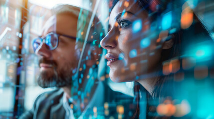 A man and a woman are looking at a computer screen with a blurry image of a city