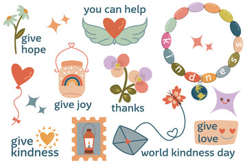 A cute sticker set with kindness thanks and love. Concept of kindness, love, thanks, hope and joy. Includes phrases and illustrations.