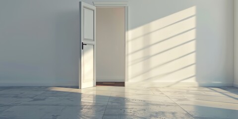 a door is open in a white room with a light coming through