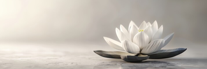 a white flower sitting on top of a table next to a gray wall
