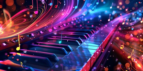 colorful piano with musical notes and lights on it's keys