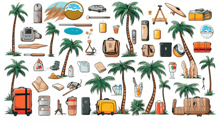 Kit et set d'illustration du voyage. Items de voyageurs, randonnées. Montagne, arbre, voiture, chapeau, accessoires. Camping. Aventure. Vacances, été, séjour. Pour conception et création graphique.