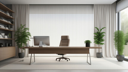 Fototapeta premium modern office with a wooden desk and a white chair, minimalist design