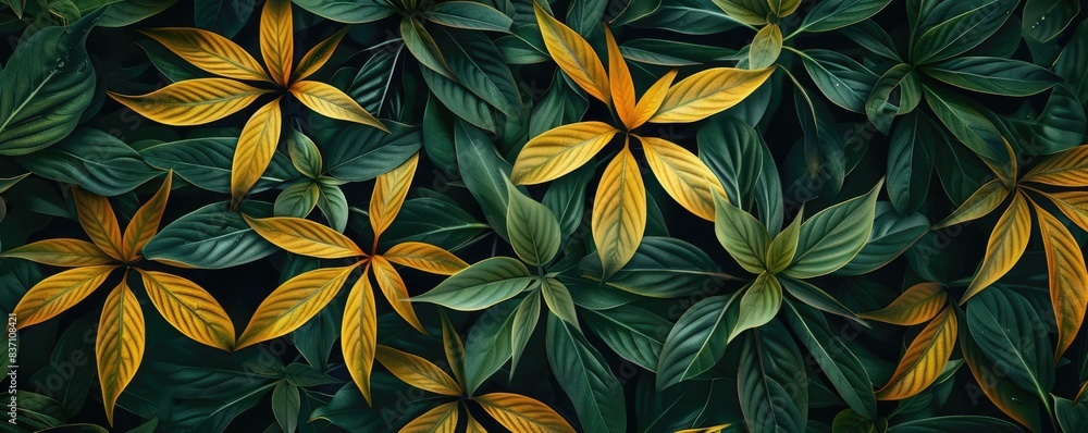Poster vibrant display of green and yellow leaves, creating a stunning natural pattern, perfect for backgro