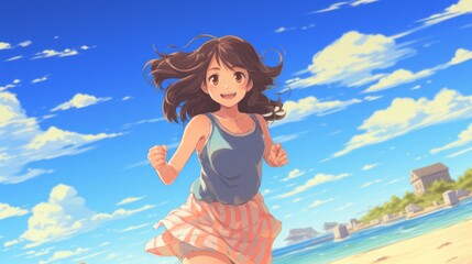 japanese anime style background, a girl in a mini skirt running on the beach