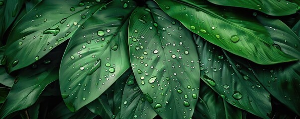 Fototapeta premium Close-up of vibrant green leaves covered in fresh dewdrops, showcasing natural beauty and tranquility in nature.
