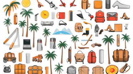 Kit et set d'illustration du voyage. Items de voyageurs, randonn&eacute;es. Montagne, arbre, voiture, chapeau, accessoires. Camping. Aventure. Vacances, &eacute;t&eacute;, s&eacute;jour. Pour conception et cr&eacute;ation graphique.
