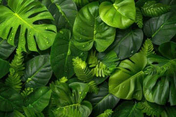 Fototapeta premium A lush arrangement of green tropical leaves, with water droplets on the foliage, creating a vibrant and fresh jungle-like atmosphere.