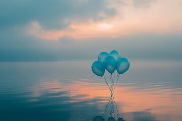 Fototapeta premium dynamic shot ,A punch of children blue baloons is flying over a lake, in a foggy weather scene with a minimalist style, captured with high resolution photography
