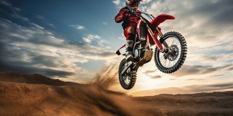 Obraz premium motorcycle stunt or car jump. A off road moto cross type motor bike, in mid air during a jump with a dirt trail. cnayon with blue sky