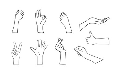 Hand Gesture Collection for Communication and Design Line Art Illustrations of Various Hand Signs