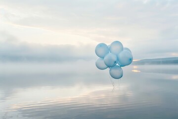 Fototapeta premium dynamic shot ,A punch of children blue baloons is flying over a lake, in a foggy weather scene with a minimalist style, captured with high resolution photography