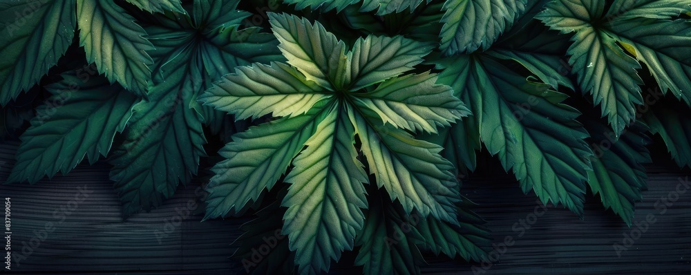 Poster close-up of lush, green foliage with detailed leaf patterns, creating a vibrant and natural backgrou