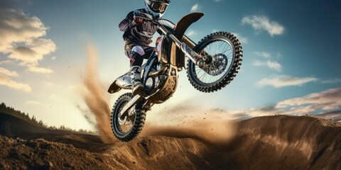 motorcycle stunt or car jump. A off road moto cross type motor bike, in mid air during a jump with a dirt trail. cnayon with blue sky