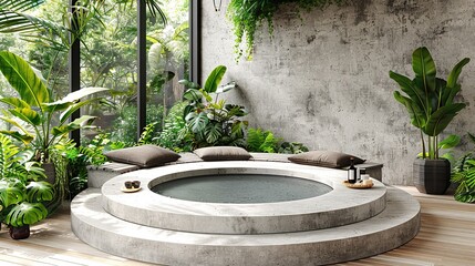 Round podium in white color in Arabic style with plants, product demonstrations  