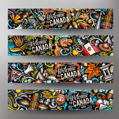 Cartoon vector doodle set of Canada corporate identity templates. Funny Canadian colorful banners design