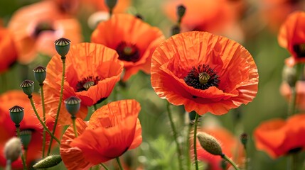 Obraz premium Vibrant red poppies blooming in a summer meadow. Close-up shot of delicate petals and green stems. Perfect for floral, nature, and garden themes. AI