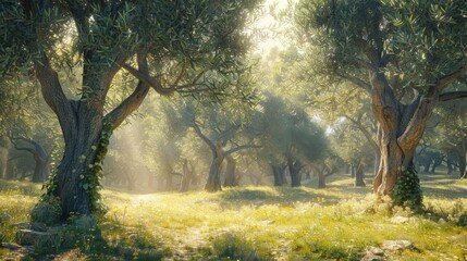 An olive grove with sunlight filtering through the trees, natural harvest theme, side view, serene and abundant, cybernetic tone, triadic color scheme