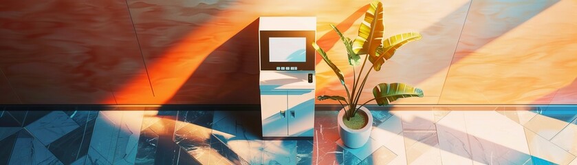 Naklejka premium A minimalist airline checkin kiosk, hightech theme, top view, simplicity and speed, scifi tone, triadic color scheme