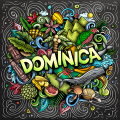 Vector funny doodle illustration with Dominica theme. Vibrant and eye-catching design, capturing the essence of North America culture and traditions through playful cartoon symbols