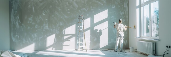 A worker is making repairs in a new house. New building