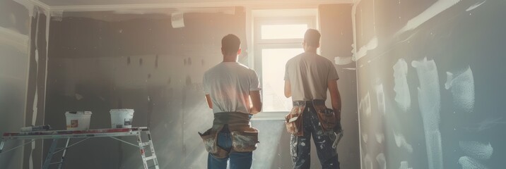 Construction workers are making repairs in a new house. New building