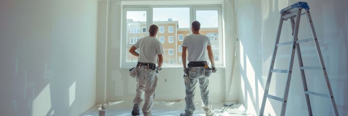 Construction workers are making repairs in a new house. New building
