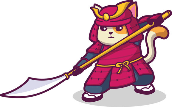 Cute Samurai Cat With Niginata Vector Illustration