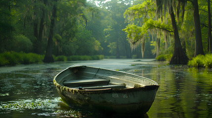 A serene nature bayou scene with a small boat gently floating on the water, surrounded by dense vegetation