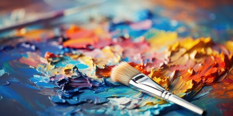 Fototapeta premium Paint brush and oil paint or acrylic paint, on a pallette. Blue paint with depth of field