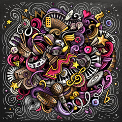 Music hand drawn vector doodles illustration. Musical design. Sound elements and objects cartoon background. Bright colors funny picture. All items are separated