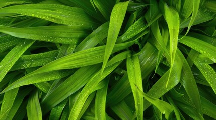Obraz premium Close-up of lush green leaves with water droplets, showcasing nature's beauty and freshness in a detailed and vibrant natural scene.